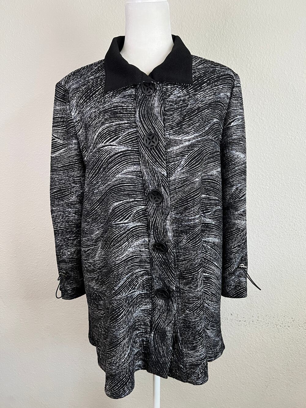 IC by Connie K Black Silver Swirl Button Front Jacket Women's XL Artsy Retro